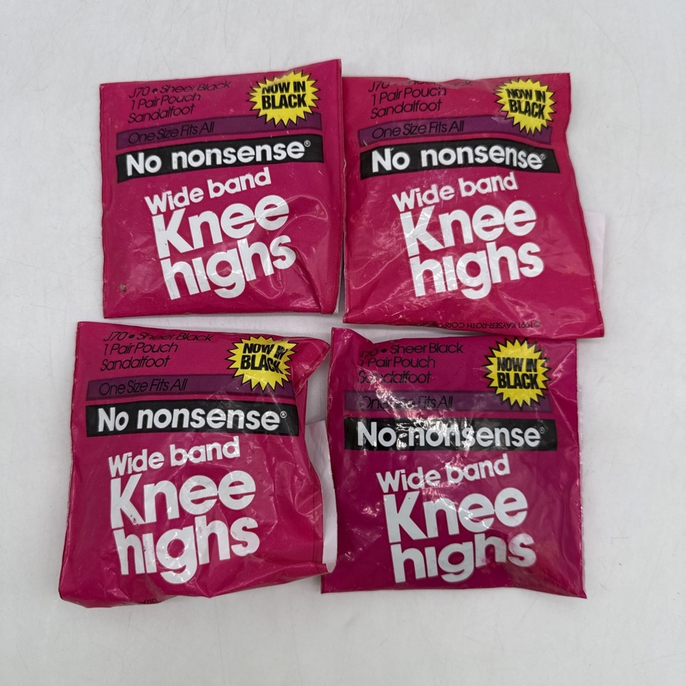 Vintage No Nonsense Wide Band Knee Highs Sheer Black Sandal Foot - Pack of 4 NEW
